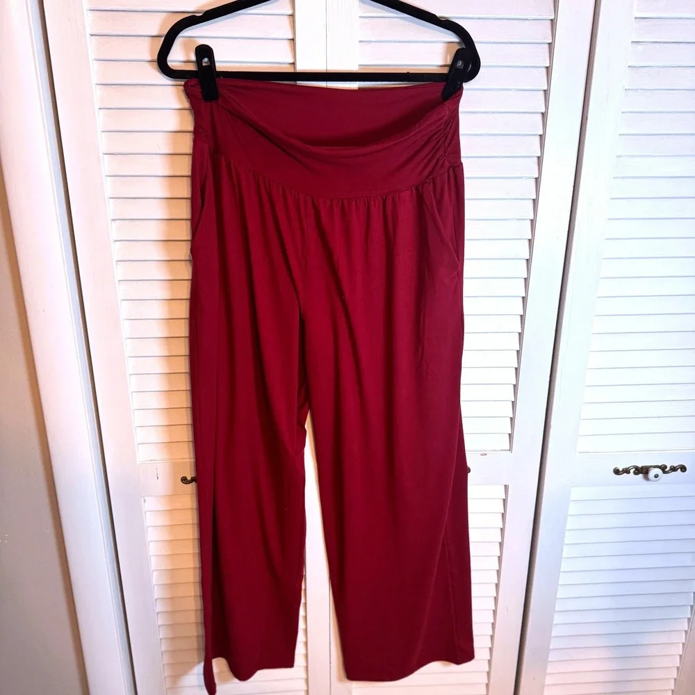 TARSE Womens Wide Leg Palazzo Pants Burgundy Comfort Stretch Waist Lounge‎ SZ